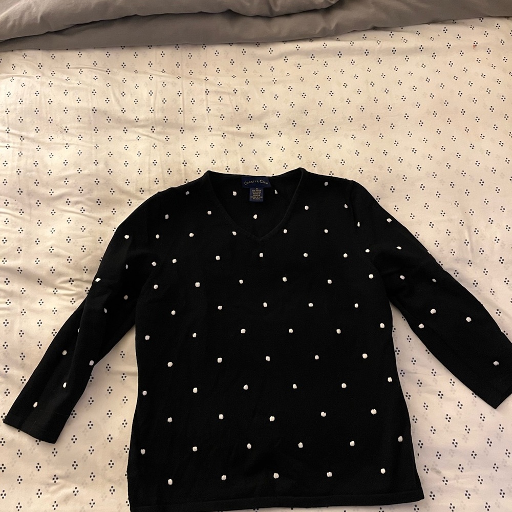 Charter Club Black and White Polka Dot Crew Neck Sweater